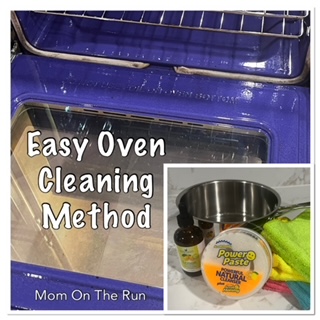 Easy Oven Cleaning Method title with cleaning supplies and oven in the background.